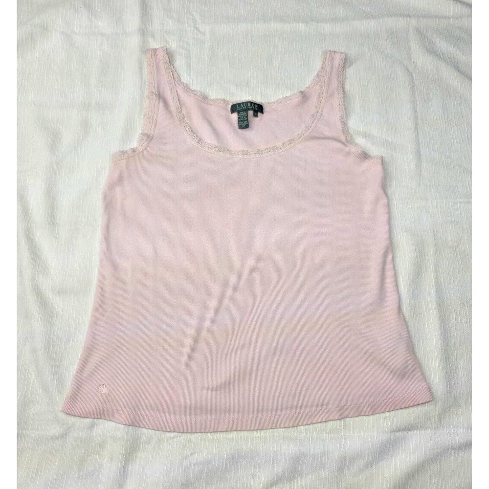 Vtg Y2k LRL Ralph Lauren Tank Top Ribbed Lace Womens Plus 1X Baby Pink Pastel